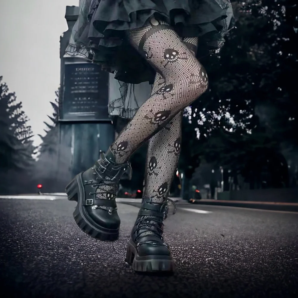 Skull Pattern Black Fishnet Tights, Halloween Hollow Out High Waist Mesh Pantyho